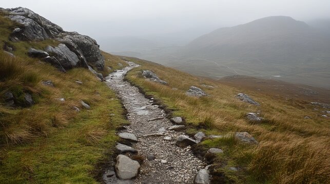 Misty mountain path winding through rocky terrain