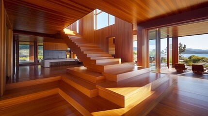 Interior shot of a house featuring wooden staircase, flooring, and open windows revealing a scenic view