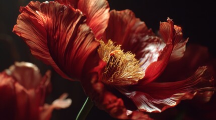 Close-up of dark red poppy flowers with detailed petals and yellow stamens on a black background, focusing on floral texture and color contrast.