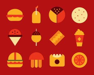 Colorful flat icons of various food items on a red background