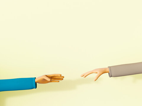 Symbolic 3d rendering of two hands reaching for connectivity and teamwork