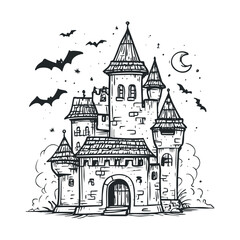 A hand-drawn spooky castle with flying bats.