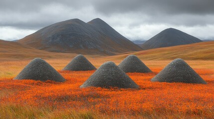 Dramatic landscape featuring cone-shaped rock piles and distant mountains under a cloudy sky