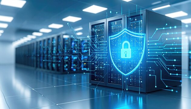 Secure Data Center with Digital Shield and Cyan Glow