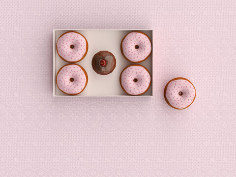 Pink donuts and chocolate cupcake on patterned table in 3d render