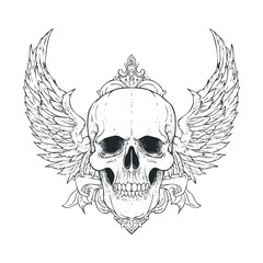 Fototapeta premium A winged skull with a crown and decorative border.