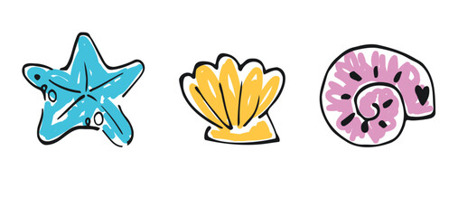 hand drawn vector Sea stars, shells illustration pen ink