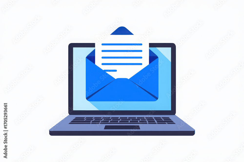 Poster digital communication concept with laptop displaying an open email envelope