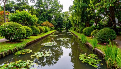 Fototapeta premium Serene Canal Garden with Lush Greenery and Lily Pads