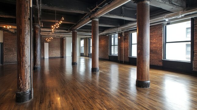 Spacious, empty loft with exposed brick, wooden floors, and large windows, lit by natural light