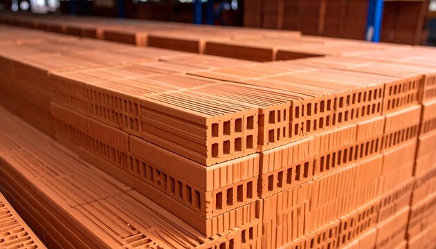 Stacked terracotta bricks in a warehouse