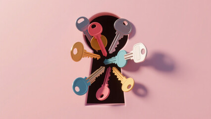 Colorful Keys Inserted in Black Keyhole on Soft Pink Background - Symbolizing Diversity and Opportunity