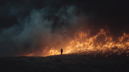 Silhouette of a person standing near a large wildfire under a dark, smoky sky at night.