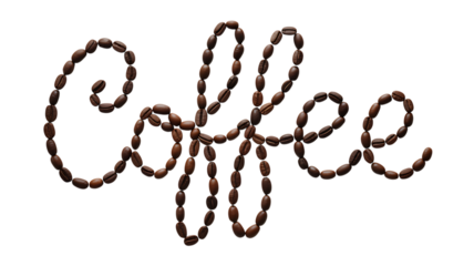 The word coffee spelled out with roasted coffee beans, isolated on a transparent background