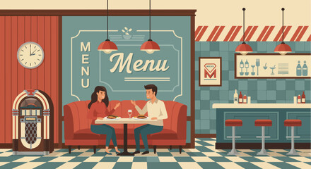 Charming vintage illustration of a couple on a dinner date, surrounded by retro decor in a classic American diner