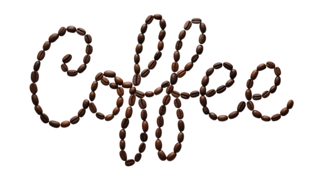 The word coffee spelled out with roasted coffee beans, isolated on a transparent background