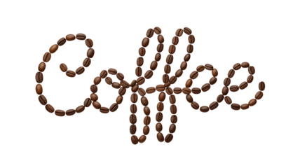 The word coffee spelled out with roasted coffee beans, isolated on transparent background