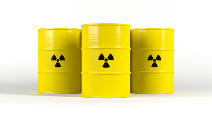Yellow barrels with radioactive symbol. Isolated. 3d illustration.