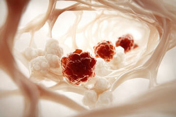 Abstract blood vessel interior with red and white blood cells organic structure medical concept soft lighting closeup flowing movement healthy tissue scientific background