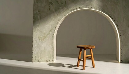 Wooden Stool Silhouetted Against a Limewash Arch