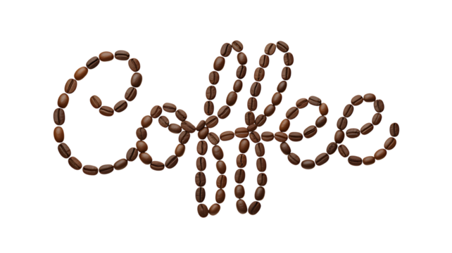 The word coffee spelled out with roasted coffee beans, isolated on transparent background