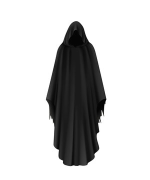 Angel of death in dark robe with hood. Vector scary Halloween demon figure, black magic wizard, grim reaper or faceless ghost monster in medieval gothic hooded cloak. Horror angel of death tattoo