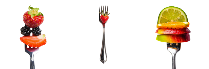 Assortment of colorful fruits on forks, a creative healthy concept