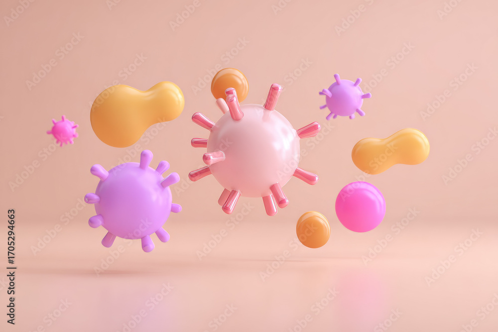Poster surreal virus particle pastel color abstract floating minimal 3d render studio shot pink orange purp