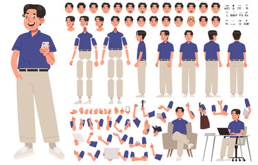 Happy asian man character. Set of hands legs body and head positions for creating animations and your own illustrations. DIY kit