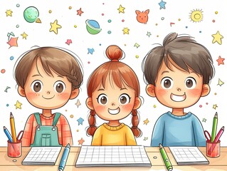 An image of children with colored pencils who are studying.