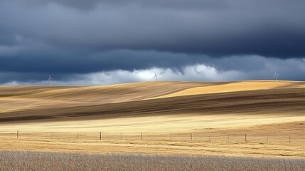 Golden plains under stormy clouds. Wind turbines stand sentinel