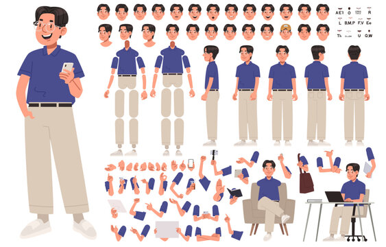 Happy asian man character. Set of hands legs body and head positions for creating animations and your own illustrations. DIY kit