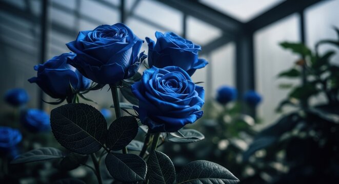 Vivid blue roses in a greenhouse, close-up, dark leaves, blurred background