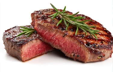 Two grilled steaks, slightly overlapping, resting on a white background.  A sprig of rosemary sits atop the steaks.  The steaks show grill marks and a pinkish-red interior