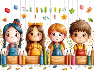 An image of children with colored pencils who are studying.