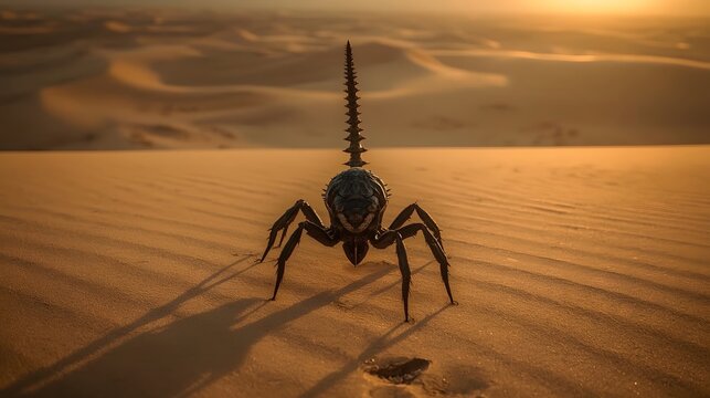 A dramatic low-angle 3D render of a fictional, intimidating mechanical creature resembling a spider with a scorpion-like tail, standing on sand dunes in a vast desert at sunset