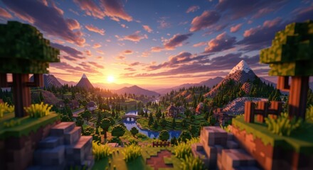 Voxel Fantasy Landscape with Mountains, River, and Sunset