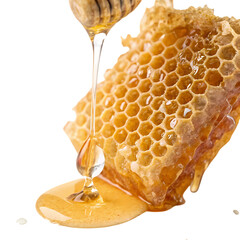 Honeycomb and Honey: Close-up View of Golden Honey Pouring from Honeycomb