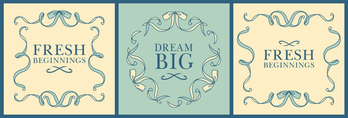 Elegant square templates with ribbon frames and inspirational statement. Vintage blue and cream designs, ideal for invitations, banners, and romantic notes