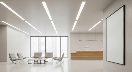 Bright minimalist corporate lobby, comfortable seating, large windows and blank poster mockup on wall