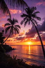 Vibrant tropical sunset over the ocean with palm trees