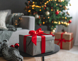 Gray gift box with red ribbon and Christmas tree background