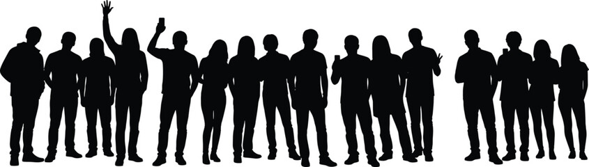 Large group of diverse young people standing together, raising hands, using smartphones, silhouette crowd vector on white background