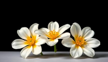 Obraz premium Three pristine white blossoms, sunny yellow centers, stark black backdrop, background image, pistil
