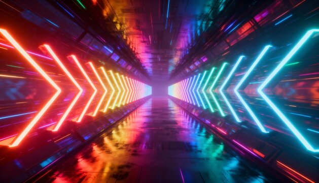 Dynamic neon tunnel pulsates with vibrant red and blue light guiding forward motion through a futuristic digital corridor, evoking speed and innovation.
