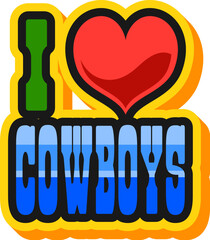 I love cowboys western and Wild West Y2K groovy sticker. Wild West ranch and rodeo 60s vector tag, Texas cowboy Y2K label. Western country culture patch or sticker with I love cowboys typography