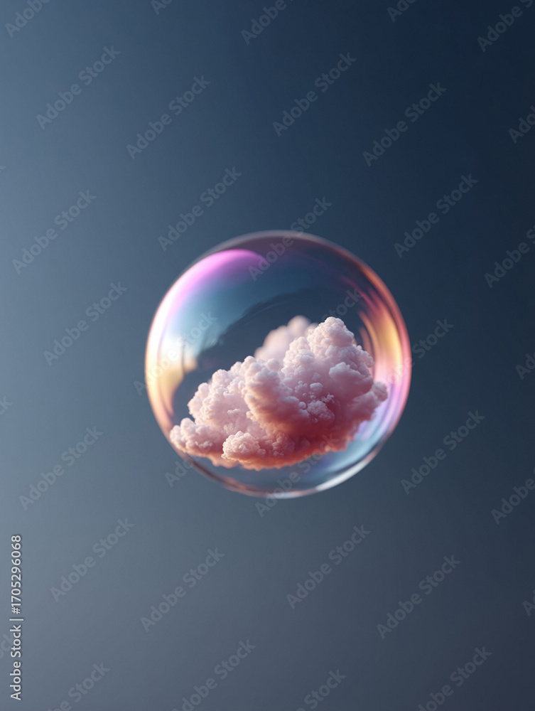 Poster dreamlike image of a cloud encapsulated in a fragile iridescent bubble. metaphor for dreams, fragili