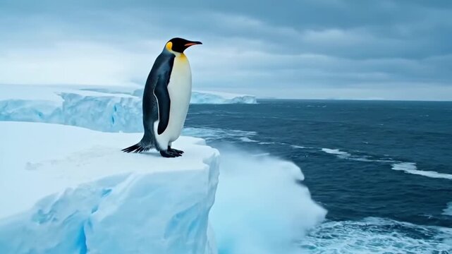 A solitary emperor penguin standing on a frozen cliff edge, looking at the open sea, symbol of strength, isolation, and survival