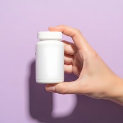 Hand Holding White Pill Bottle Mockup with Blank Label on Purple Background
