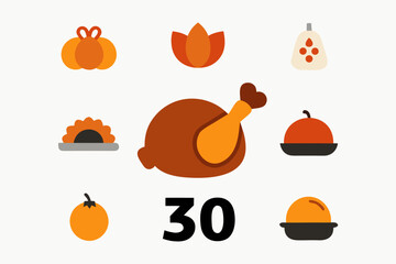 Thanksgiving food and harvest icons with number thirty